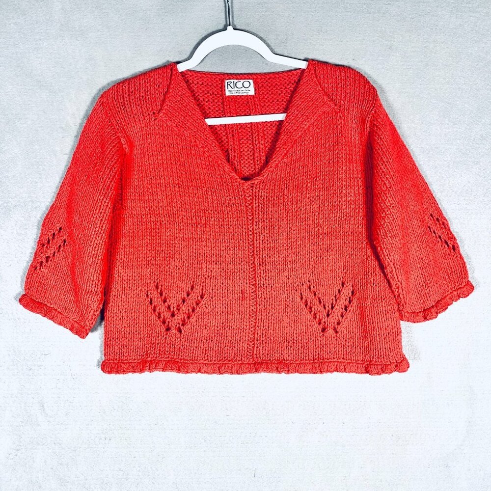 Vintage Hand knit Artisan Sweater Womens S Orange Cotton Cottage Sustainable
